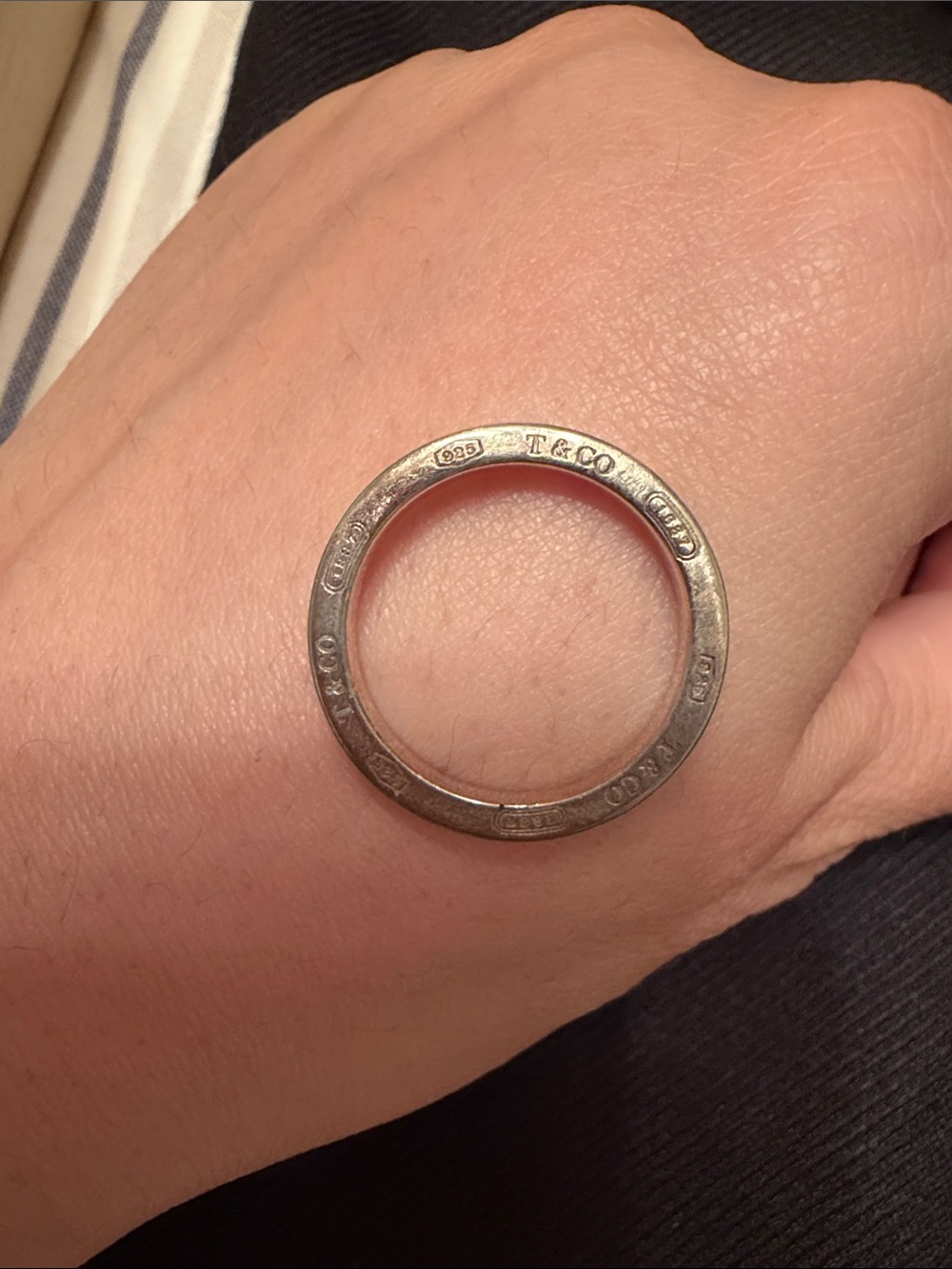 Tiffany & Co. Silver Circular Logo Ring with 3 diamonds